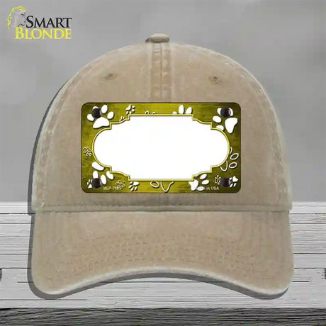Paw Scallop Yellow White Novelty License Plate Hat Unconstructed Cotton / Khaki