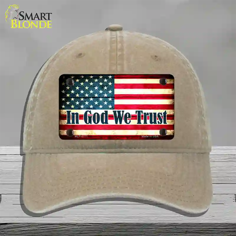 In God We Trust American Flag Novelty License Plate Hat Unconstructed Cotton / Khaki