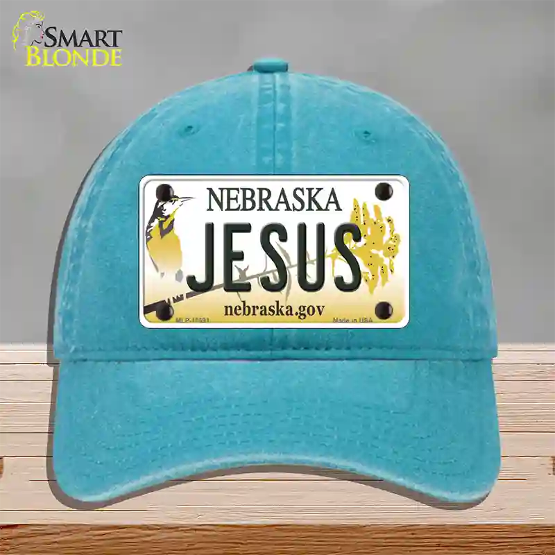 Jesus Nebraska Novelty License Plate Hat Unconstructed Cotton / Lake Blue