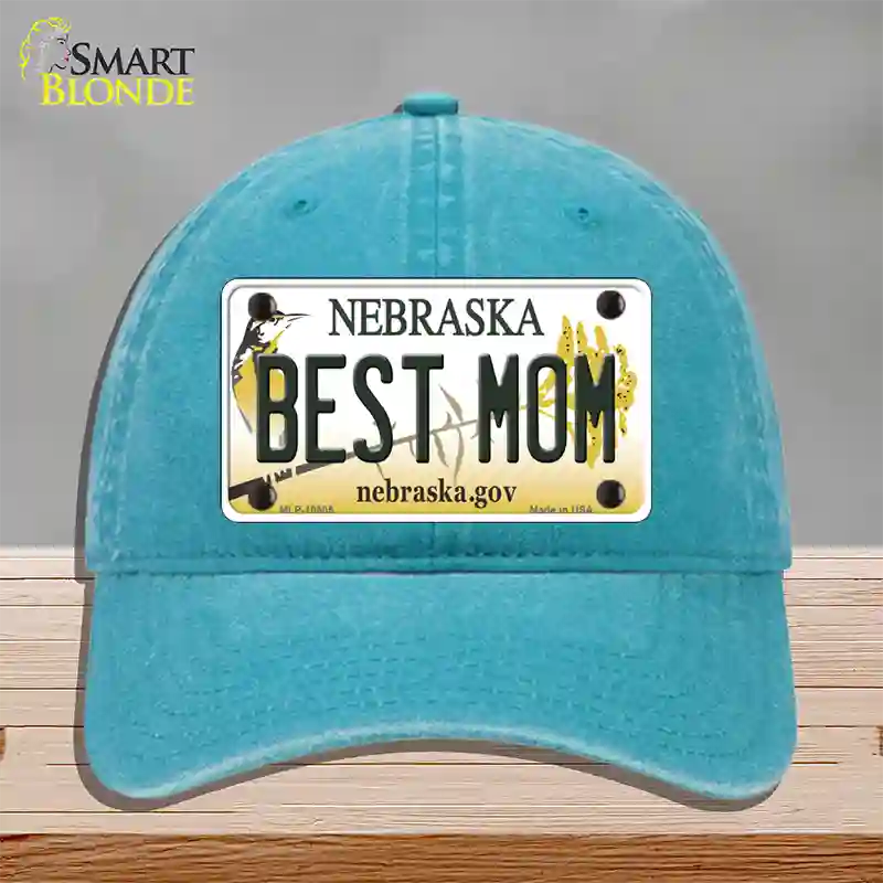 Best Mom Nebraska Novelty License Plate Hat Unconstructed Cotton / Lake Blue