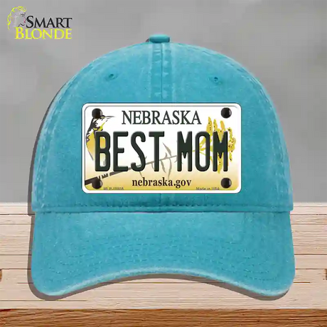 Best Mom Nebraska Novelty License Plate Hat Unconstructed Cotton / Lake Blue