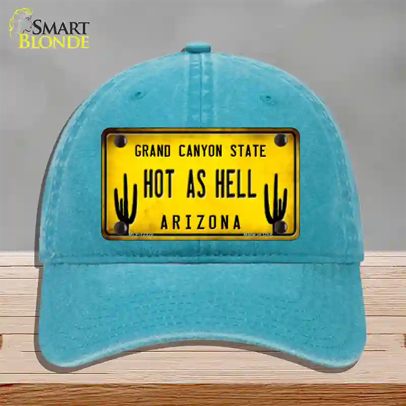 Arizona Hot as Hell Novelty License Plate Hat Unconstructed Cotton / Lake Blue