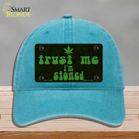 Trust Me Stoned Novelty License Plate Hat Unconstructed Cotton / Lake Blue