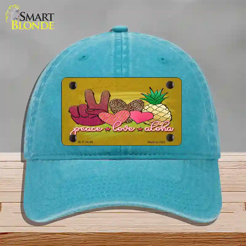 Peace Love Aloha Novelty License Plate Hat Unconstructed Cotton / Lake Blue