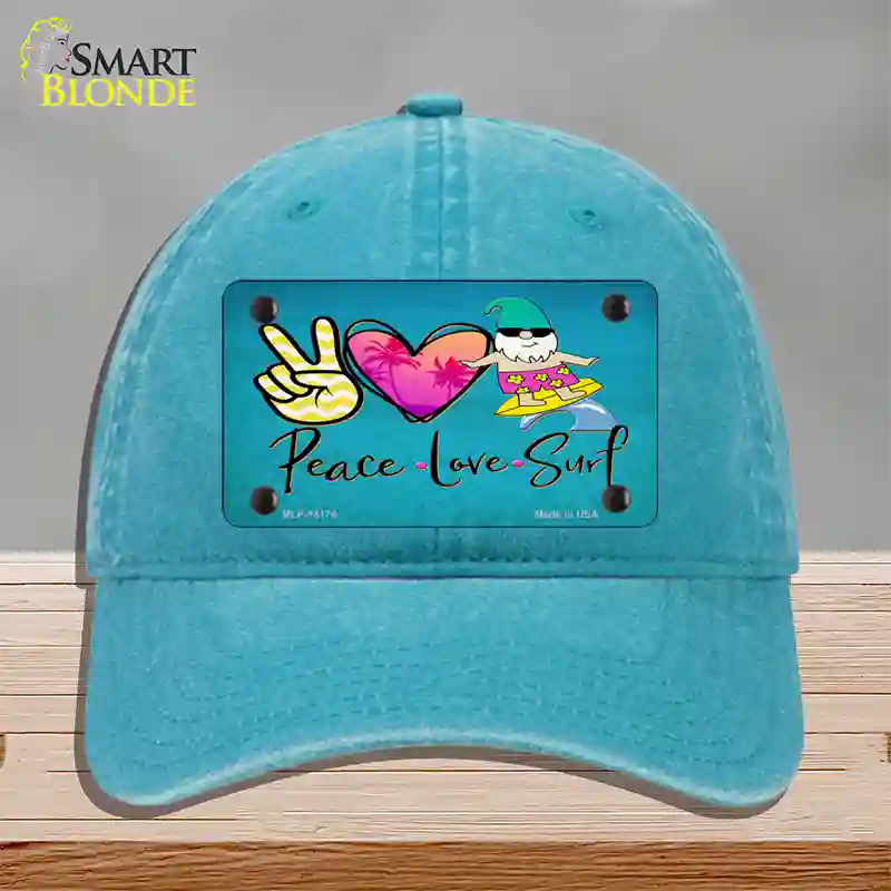 Peace Love Surf Novelty License Plate Hat Unconstructed Cotton / Lake Blue