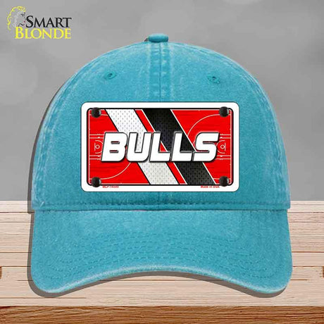 Blue cap with a 'BULLS' license plate design on a gray background