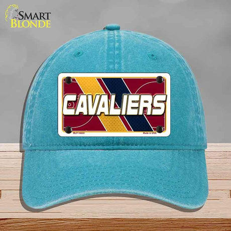 Blue cap with Cavaliers license plate design on a gray background