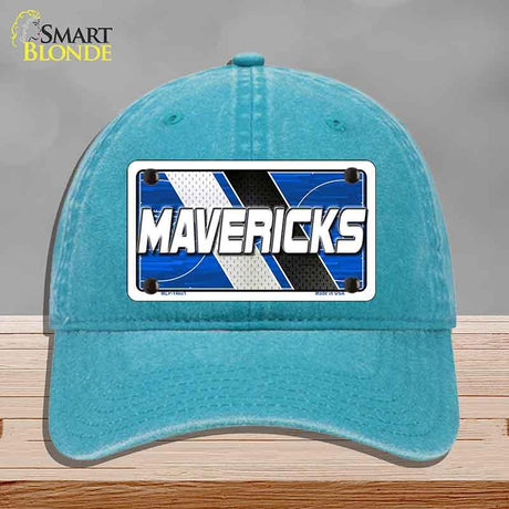 Blue cap with a 'MAVERICKS' license plate design on a gray background