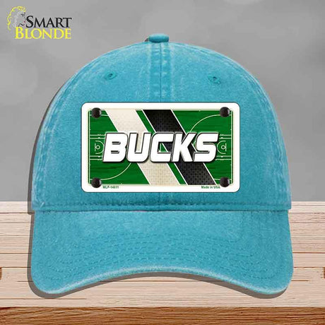 Blue cap with a 'Bucks' license plate design on a gray background