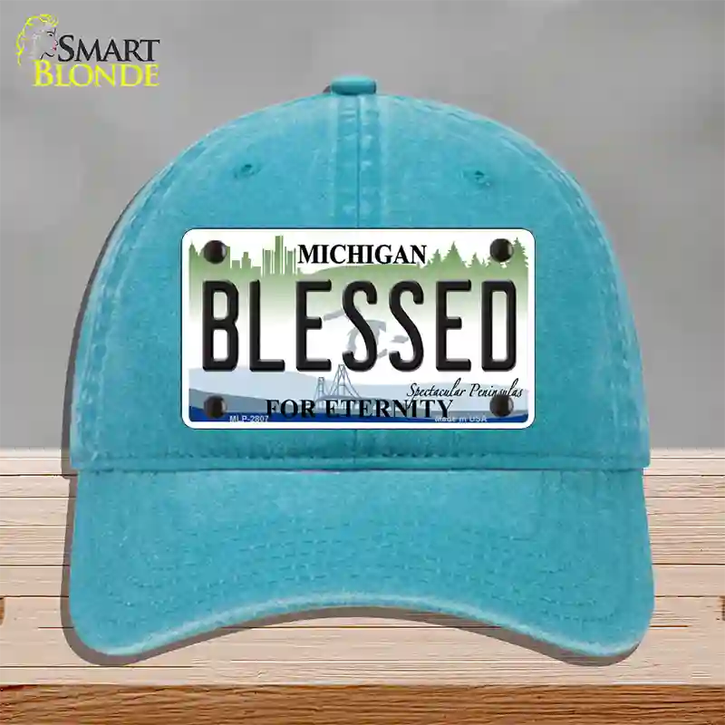 Blessed Michigan State Novelty License Plate Hat Unconstructed Cotton / Lake Blue