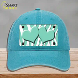 Mint White Zebra Mint Centered Hearts Novelty License Plate Hat Unconstructed Cotton / Lake Blue