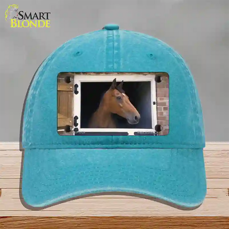 Horse In Barn Novelty License Plate Hat Unconstructed Cotton / Lake Blue