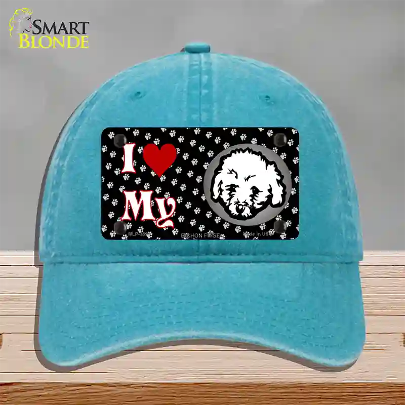 I Love My Bichon Frise Novelty License Plate Hat Unconstructed Cotton / Lake Blue