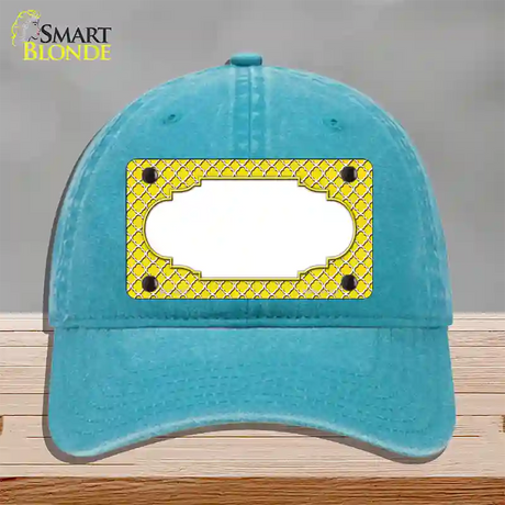 Yellow White Quatrefoil Center Scallop Novelty License Plate Hat Unconstructed Cotton / Lake Blue