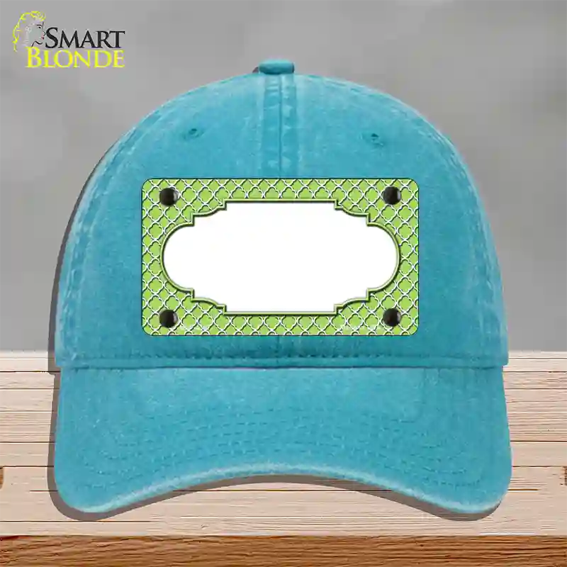 Lime Green White Quatrefoil Center Scallop Novelty License Plate Hat Unconstructed Cotton / Lake Blue