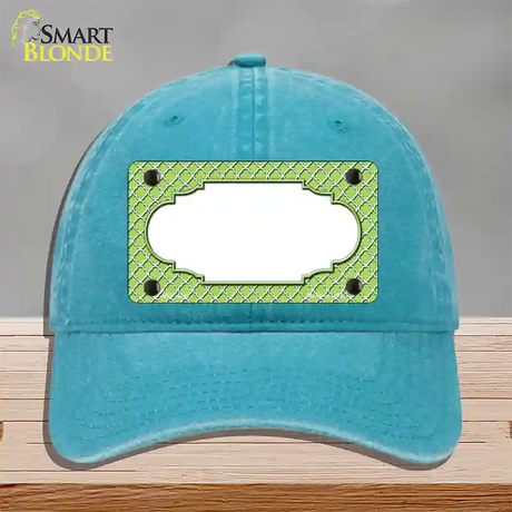 Lime Green White Quatrefoil Center Scallop Novelty License Plate Hat Unconstructed Cotton / Lake Blue