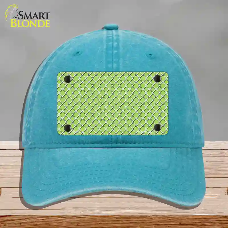 Lime Green White Quatrefoil Novelty License Plate Hat Unconstructed Cotton / Lake Blue