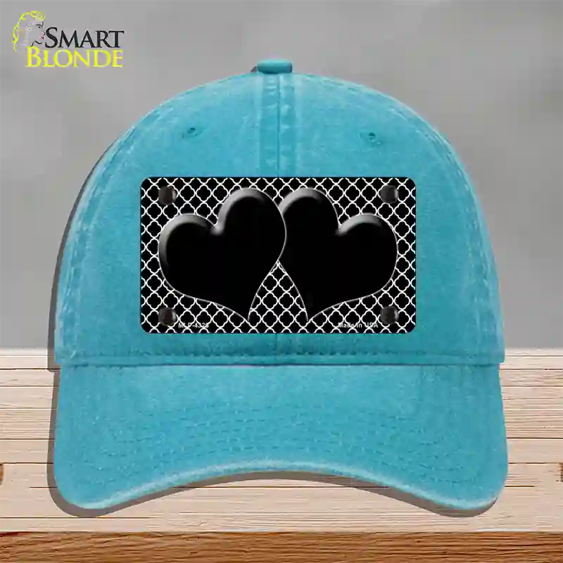 Black White Quatrefoil Black Center Hearts Novelty License Plate Hat Unconstructed Cotton / Lake Blue