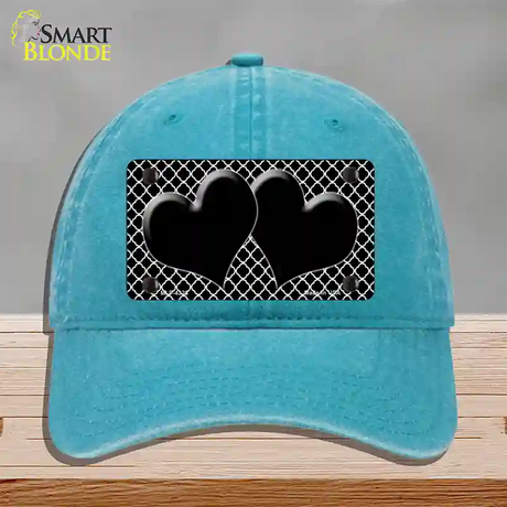 Black White Quatrefoil Black Center Hearts Novelty License Plate Hat Unconstructed Cotton / Lake Blue