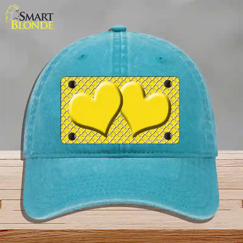 Yellow White Quatrefoil Yellow Center Hearts Novelty License Plate Hat Unconstructed Cotton / Lake Blue