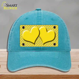 Yellow White Quatrefoil Yellow Center Hearts Novelty License Plate Hat Unconstructed Cotton / Lake Blue