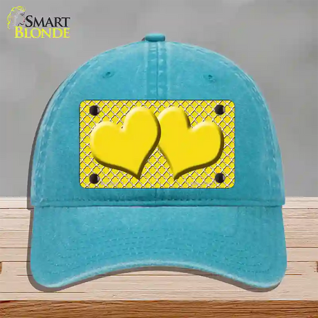 Yellow White Quatrefoil Yellow Center Hearts Novelty License Plate Hat Unconstructed Cotton / Lake Blue