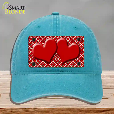 Red White Quatrefoil Red Center Hearts Novelty License Plate Hat Unconstructed Cotton / Lake Blue