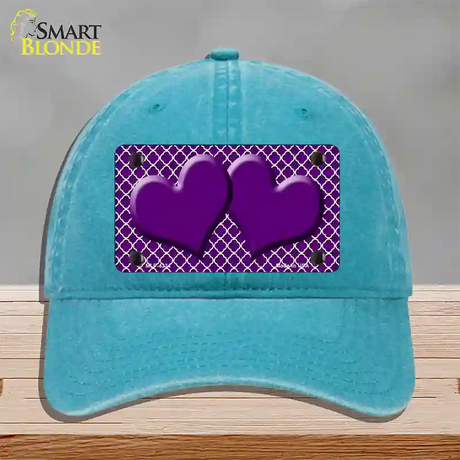 Purple White Quatrefoil Purple Center Hearts Novelty License Plate Hat Unconstructed Cotton / Lake Blue