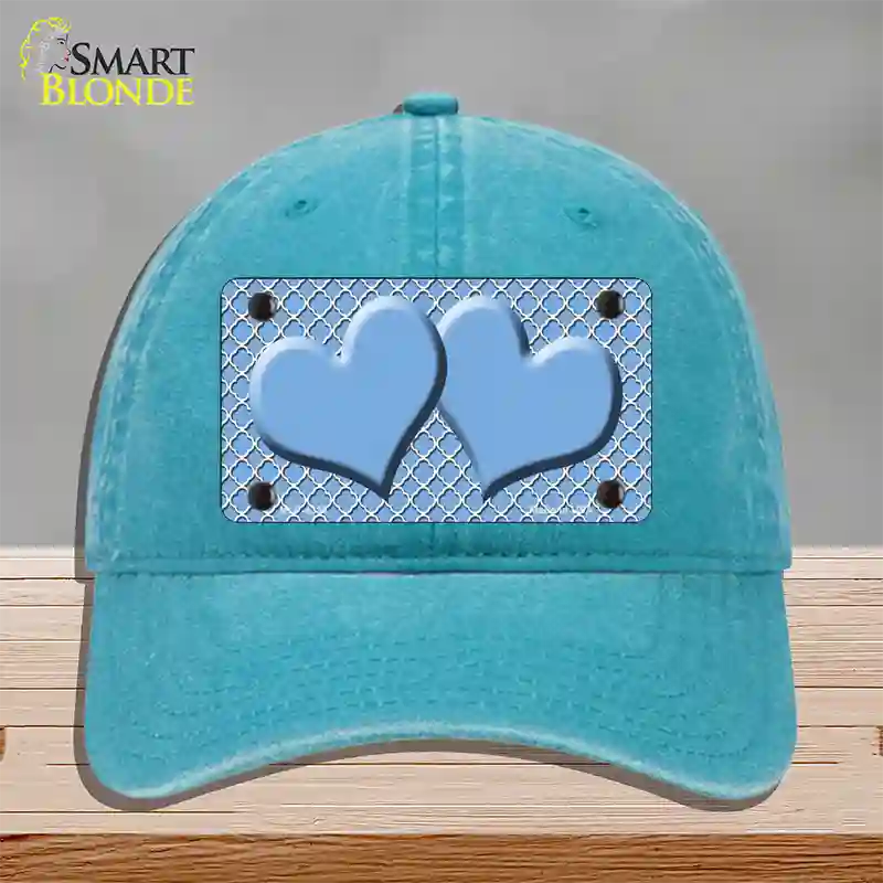 Light Blue White Quatrefoil Light Blue Center Hearts Novelty License Plate Hat Unconstructed Cotton / Lake Blue