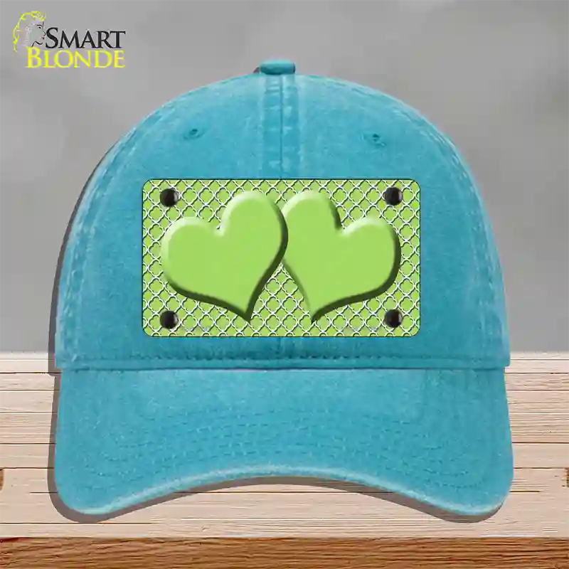 Lime Green White Quatrefoil Lime Green Center Hearts Novelty License Plate Hat Unconstructed Cotton / Lake Blue