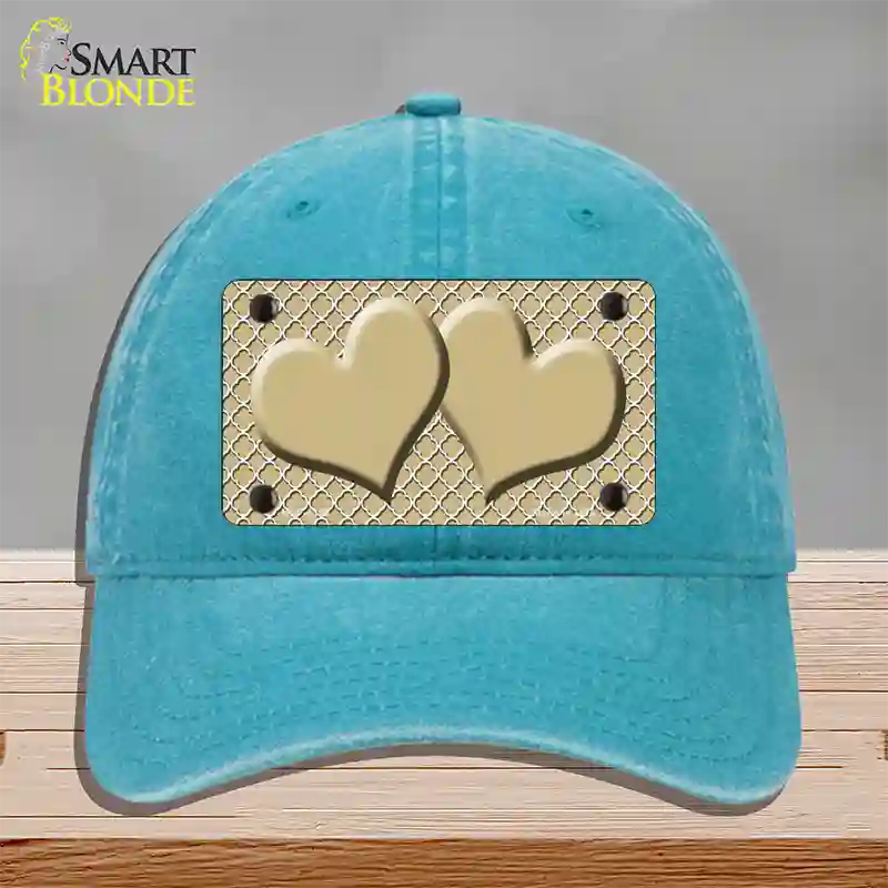 Gold White Quatrefoil Gold Center Hearts Novelty License Plate Hat Unconstructed Cotton / Lake Blue
