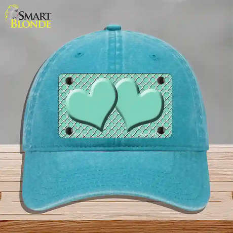 Mint White Quatrefoil And Mint Center Hearts Novelty License Plate Hat Unconstructed Cotton / Lake Blue
