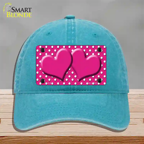 Pink White Polka Dot Center Hearts Novelty License Plate Hat Unconstructed Cotton / Lake Blue