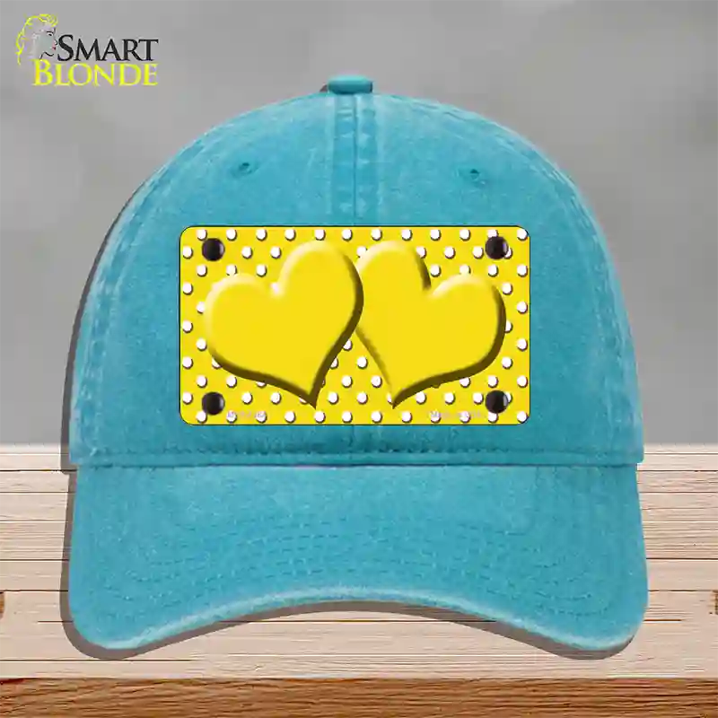 Yellow White Polka Dot Center Hearts Novelty License Plate Hat Unconstructed Cotton / Lake Blue