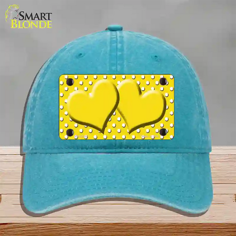 Yellow White Polka Dot Center Hearts Novelty License Plate Hat Unconstructed Cotton / Lake Blue