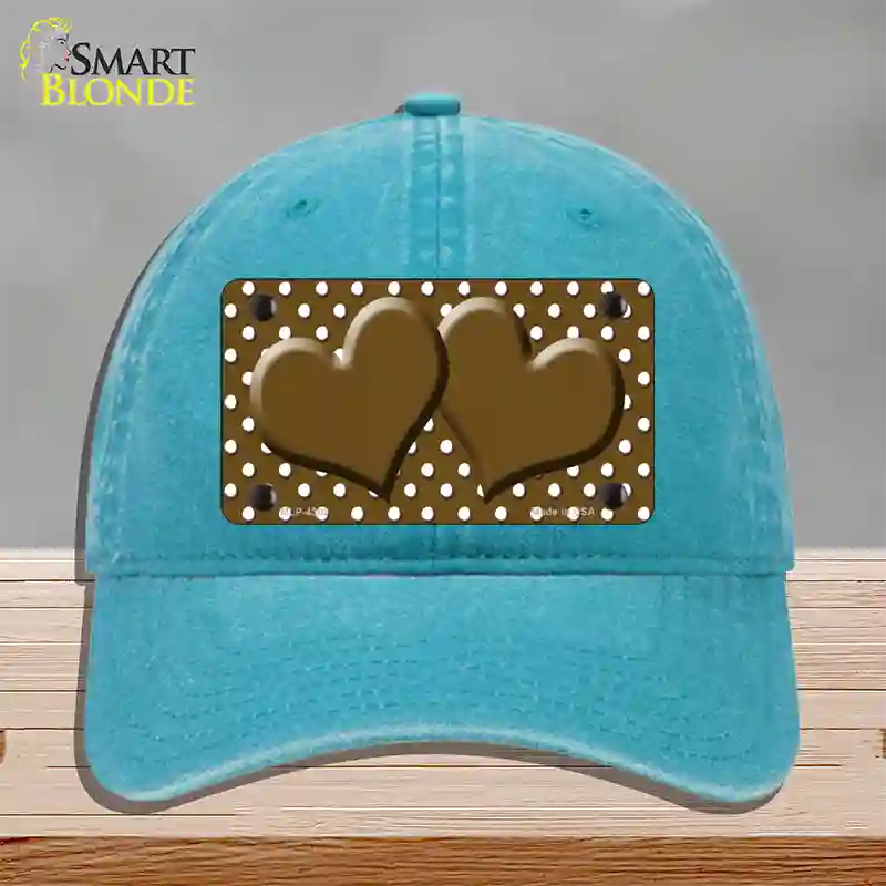 Brown White Polka Dot Center Hearts Novelty License Plate Hat Unconstructed Cotton / Lake Blue