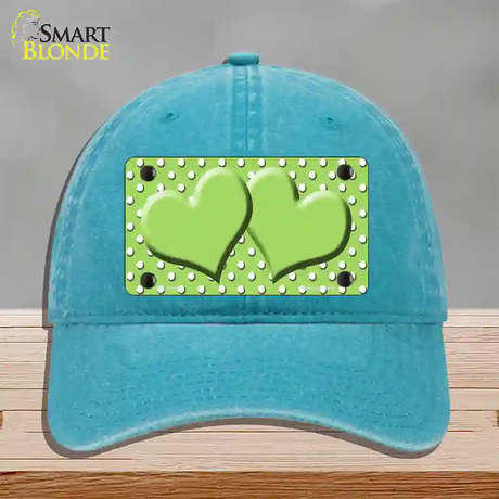 Lime Green White Polka Dot Center Hearts Novelty License Plate Hat Unconstructed Cotton / Lake Blue