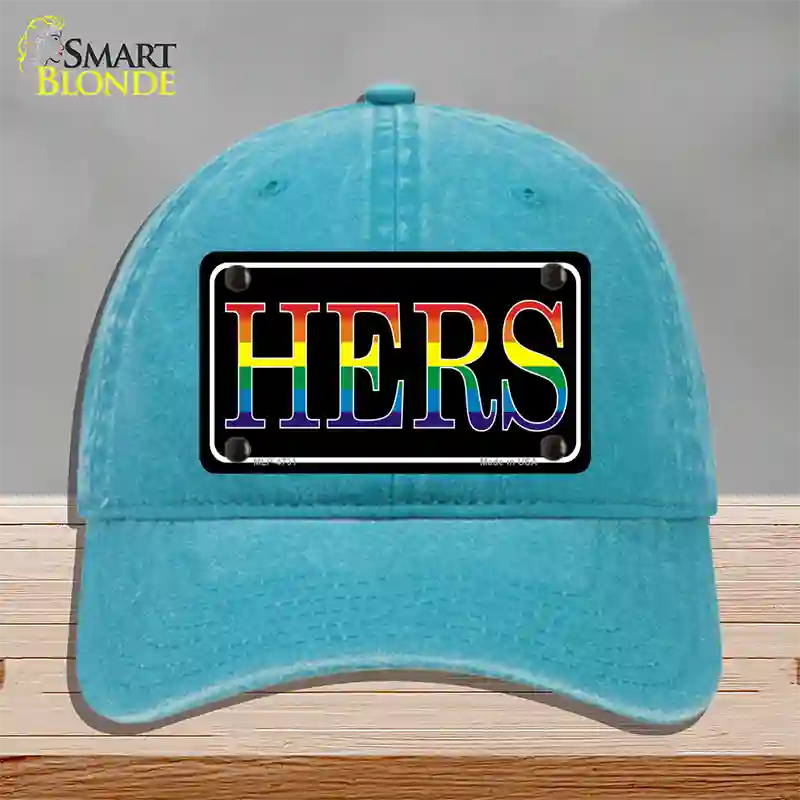 Hers Rainbow Novelty License Plate Hat Unconstructed Cotton Lake Blue