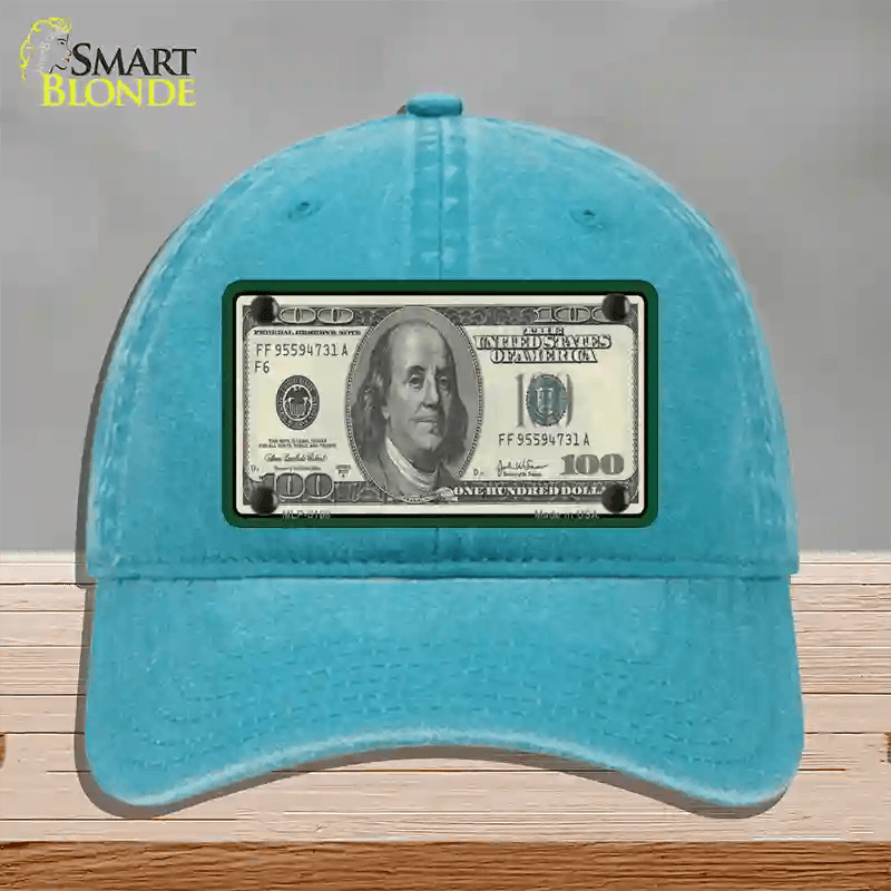 $100 Bill Novelty License Plate Hat Unconstructed Cotton / Lake Blue