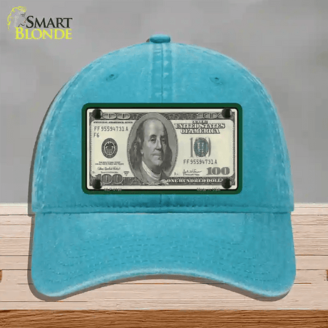 $100 Bill Novelty License Plate Hat Unconstructed Cotton / Lake Blue