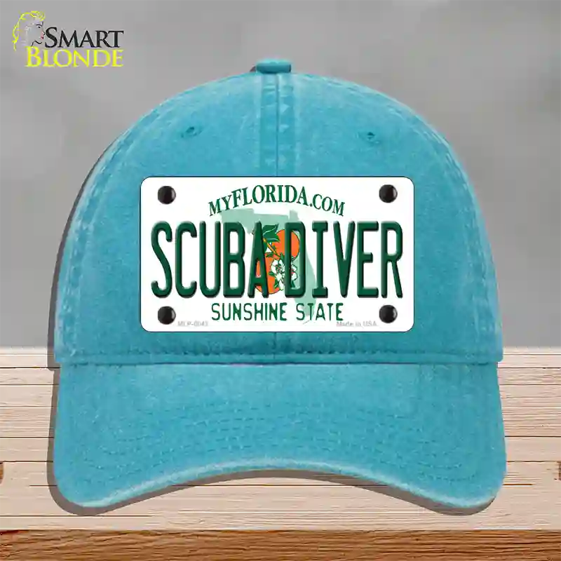 Scuba Diver Florida Novelty License Plate Hat Unconstructed Cotton / Lake Blue