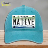 Native Michigan Novelty License Plate Hat Unconstructed Cotton / Lake Blue