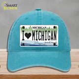 I Love Michigan Novelty License Plate Hat Unconstructed Cotton / Lake Blue