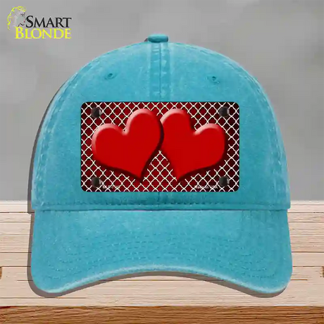 Red White Quatrefoil Hearts Oil Rubbed Novelty License Plate Hat Unconstructed Cotton / Lake Blue