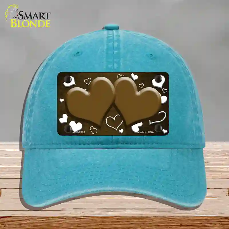 Brown White Love Hearts Oil Rubbed Novelty License Plate Hat Unconstructed Cotton / Lake Blue