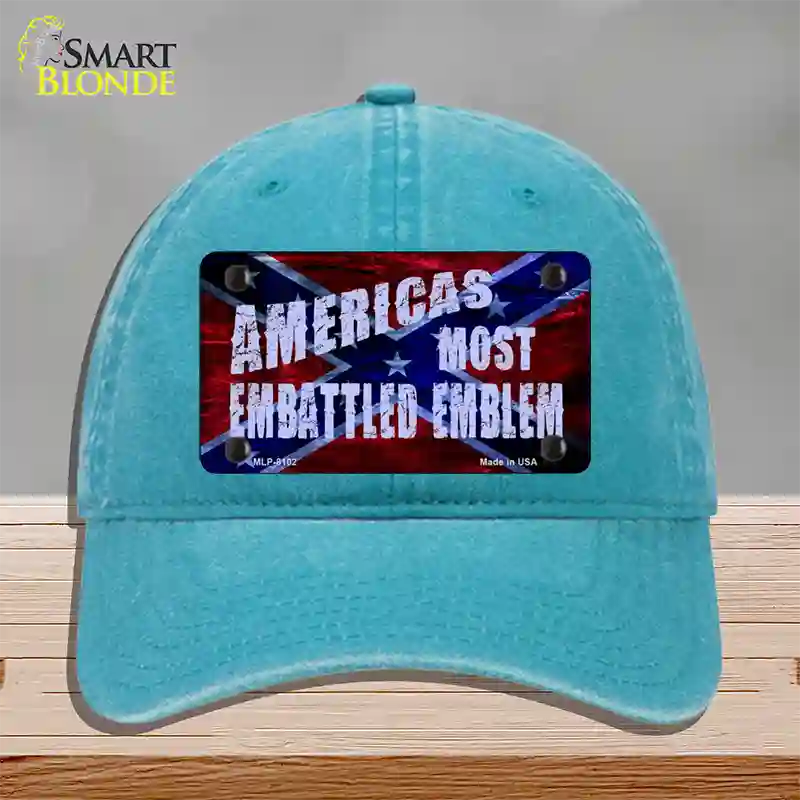 Americas Most Embattled Emblem Novelty License Plate Hat Unconstructed Cotton / Lake Blue