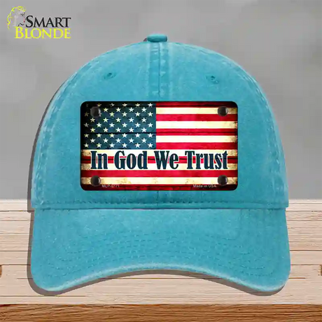 In God We Trust American Flag Novelty License Plate Hat Unconstructed Cotton / Lake Blue