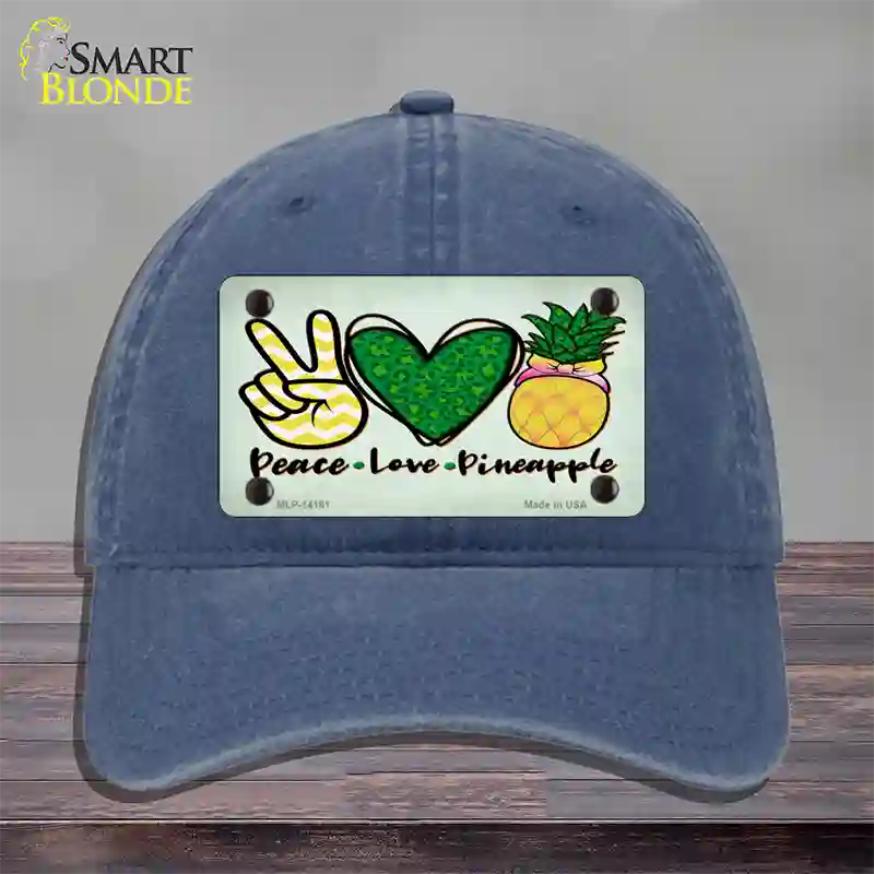 Peace Love Pineapple Novelty License Plate Hat Unconstructed Cotton / Navy