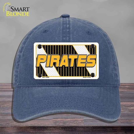 Blue cap with 'PIRATES' license plate design on a gray background
