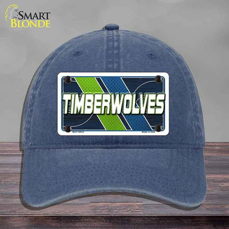 Blue cap with a 'Timberwolves' license plate design on a gray background